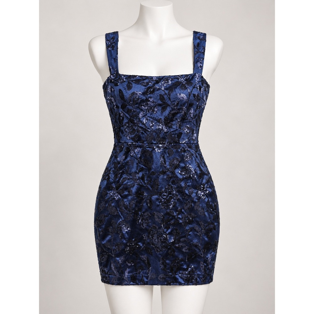 Windsor Navy Blue Floral Sequin Mini Dress Square Neck Bodycon TRC1627WD M